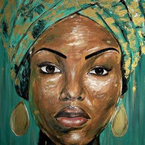 Ce tableau célèbre la beauté, la résilience et la noblesse de la femme africaine.