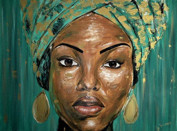 Ce tableau célèbre la beauté, la résilience et la noblesse de la femme africaine.